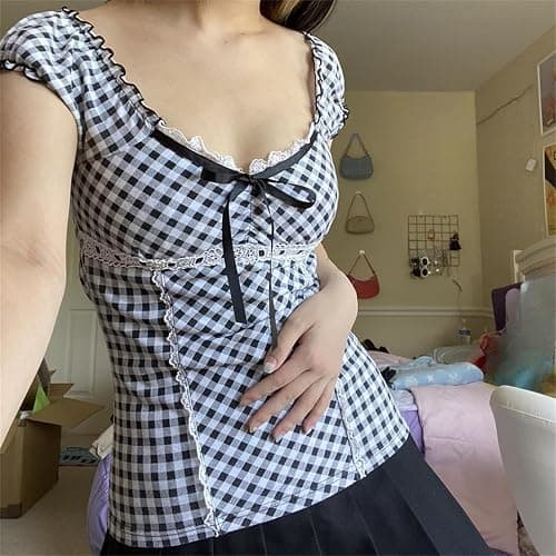VnimVinter Women Fairy Grunge Y2k Shirt Vintage Short Sleeve 2000s Fairycore Aesthetic Crop Top E-Girl Streetwear thumbnail 3