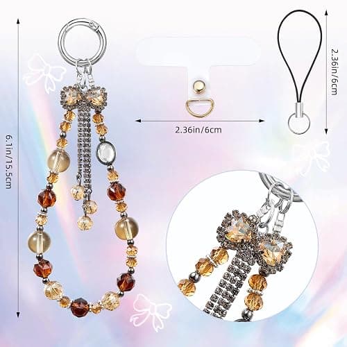 BEEFLYING Crystal Bead Phone Bracelet Strap, Cellphone Bow Charms Wristlet Lanyard for Women, Kawaii Charm Pendant Wrist Strap for Camera Bag Accessories thumbnail 2