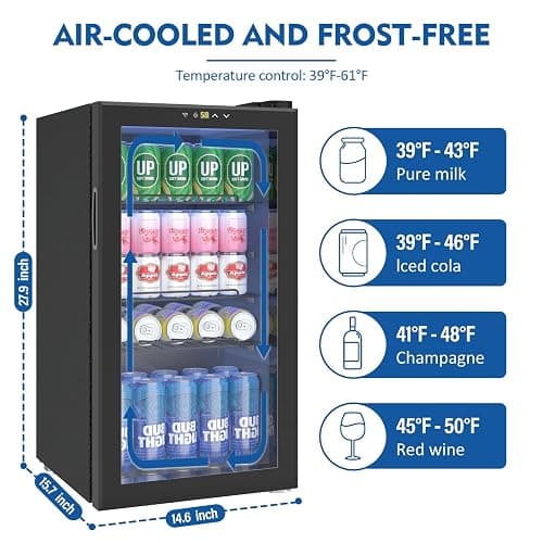Dawmilon 3.2 Cu.Ft Mini Fridge – 120 Can Beverage Refrigerator with Glass Door, Adjustable Shelves & Temperature Control, Ideal Drink Cooler for Soda, Wine & Beer in Home or Office thumbnail 2