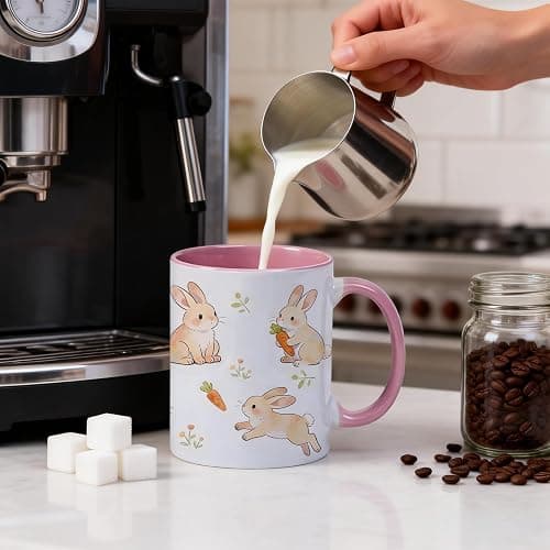 VACNKOCY 11oz Cute Bunny Ceramic Coffee Mug with Pink Handle & Interior – Adorable Rabbit & Carrot Floral Design Tea Cup – Aesthetic Gift Mug for Home, Office, Easter & Spring Décor thumbnail 2
