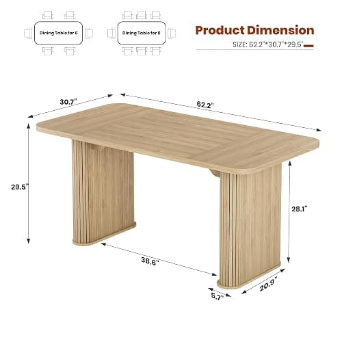 Dining Table for 6-8 People - 62" Modern Long Kitchen Table with Large Tabletop & Heavy Duty Pedestal Legs, Rectangular Dinner Table for Rectangular, Kitchen, Conference Room, Living Room, Natural thumbnail 2