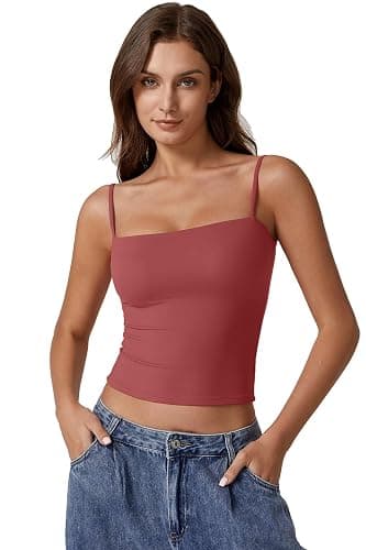 QINSEN Women's Double Lined Basic Tank Top Adjustable Spaghetti Straps Sleeveless Camisole Shirts thumbnail 2