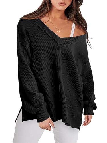 ANRABESS Oversized Long Sleeve Shirts for Women Off the Shoulder Sweatshirt Loose V Neck Tunic Tops High Low Sweater 2025 - Image 1