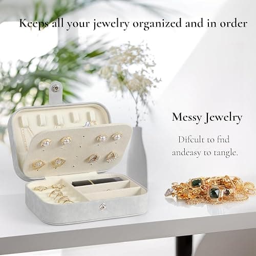 Travel Jewelry Box, PU Leather Small Jewelry Organizer for Women Girls, Portable Mini Travel Case Display Storage Holder Boxes for Stud Earrings, Rings, Necklaces, Bracelets (Grey) thumbnail 6