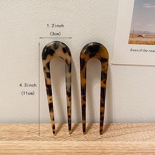 2 Pack Benefree French Style Cellulose Acetate Tortoise Shell U Shaped Hair Pins Fork 2 Prong Updo Chignon Pin for Women Girls Hairstyle Accessories（Tortoiseshell and White Tortoiseshell) thumbnail 3