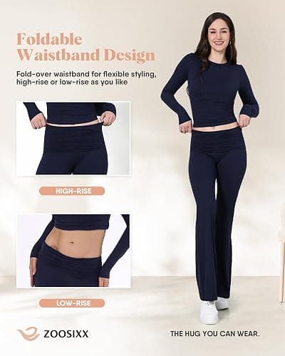 ZOOSIXX Lounge Sets for Women - 2 Piece Outfits Crop Tops with Fold Over Flare Leggings Fall Loungewear Fitted Pajama Sets thumbnail 5