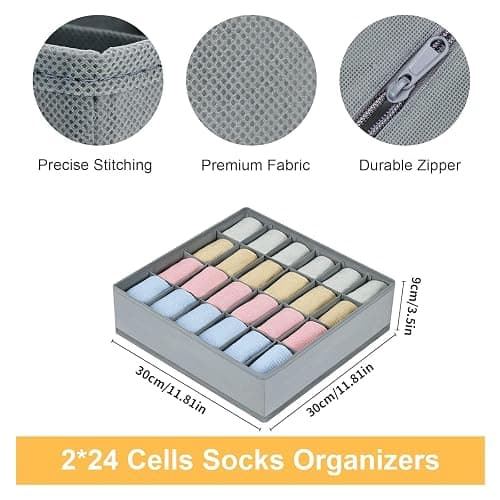 Joyoldelf 2 Stück Aufbewahrungsboxen für Socken und Unterwäsche, 24 Zellen Faltbare Boxen (Faltbox, Drawer Dividers, Schubladen Organizer Stoffboxen zum Aufbewahren von Socken（Grau） thumbnail 2