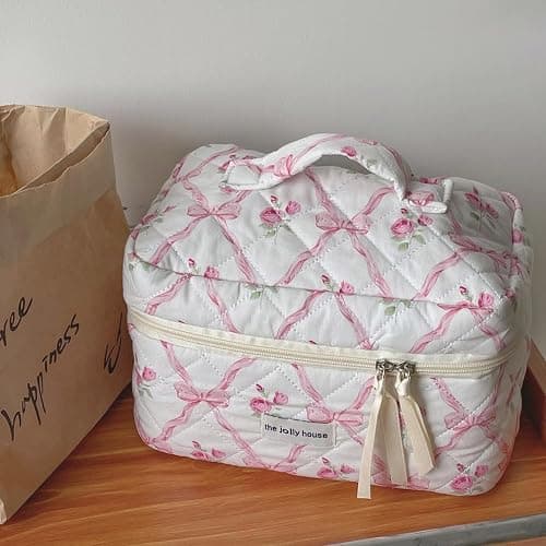 BILIPOPX Cute Makeup Bag Aesthetic Floral Quilted Cotton Cosmetic Bag Travel Organizer Toiletry Pouch 3 Pack Set (01Pink Bow) thumbnail 4