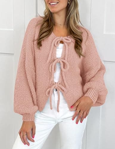 PRETTYGARDEN Women's Tie Front Bow Cardigan Sweaters Chunky Knit Long Puff Sleeve Trendy Fall Winter Jacket Coats thumbnail 3