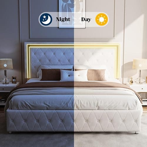 YUMPIE Full Bed Frame LED Lights Headboard, Velvet Upholstered, Cream | Adjustable Headboard built-in Chic Acrylic, Footboard, No Box Spring Needed, Solid Wood Slats, Noise-Free, Easy Assembly thumbnail 6