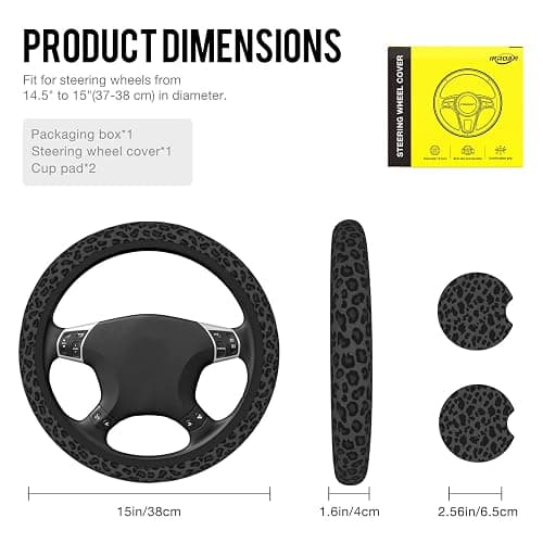 Black Leopard Print Steering Wheel Cover for Women, Universal Fit 14.5-15 Inch with Non-Slip Grip and Thermal Control, Includes 2 Ceramic Absorbent Cup Coasters, Compatible with Cars, SUVs, Trucks. thumbnail 2