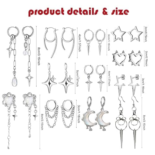 SMXYANCHT 12 Pairs Y2k Dangle Hoop Earrings for Men Women Punk Goth Gothic Tassel Chain Drop Star Moon Spike Stud Huggie Earrings Gift Korean Music Emo Alt Jewelry thumbnail 3