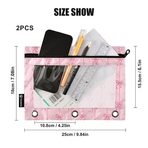 Bowknot Pink Binder Pouches 3 Ring for Boys Girls School Office College Supplies Cute Bow Ribbon Tie Pencil Pouches Case Bag with Clear Window and Zipper 2 Pack thumbnail 3