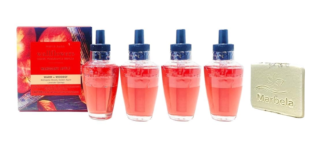 Bath & Body Works Mahogany-Apple 4 Pack Wallflowers Fragrance Refill Set with a Natural Oats Sample Soap - Image 1
