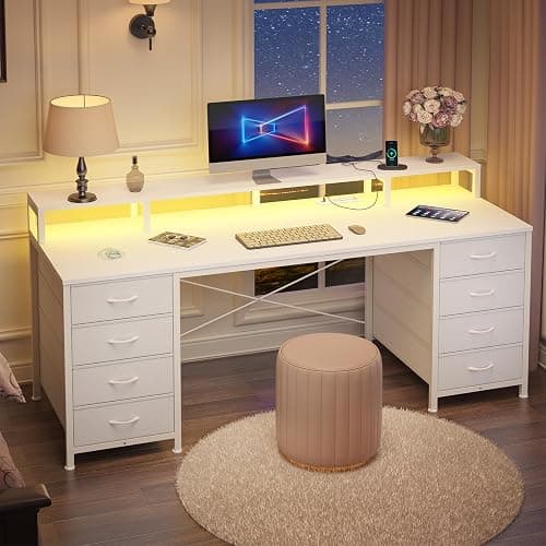 YOMILUVE 60 Inch Computer Desk with 8 Fabric Drawers, Gaming Desk with LED Lights & Power Outlets, Home Office Desk with Monitor Stand, White - Image 1