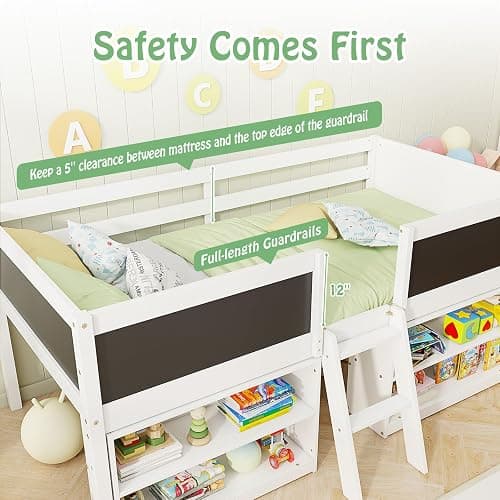 KOMFOTT Twin Size Low Loft Bed, Kids Loft Bed Frame with Movable Storage Shelves, Chalkboard & Ladder, Solid Wood Twin Bed with Under-Bed Play Area for Kids, Boys & Girls, No Box Spring Needed, White thumbnail 6