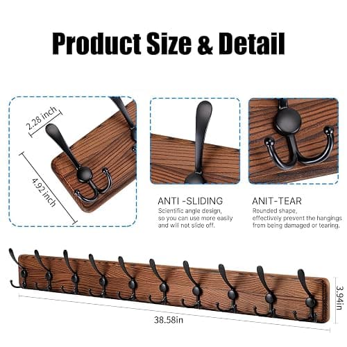 Gohiuo Rustic 38.6" Large Coat Rack Wall Mount, Long Wood Coat Hooks with 10 Triple Hooks, Heavy Duty Wooden Coat Hanger Wall Mount for Entryway, Farmhouse Hanging Jackets, Coats, Hats, Bags,Towel thumbnail 3