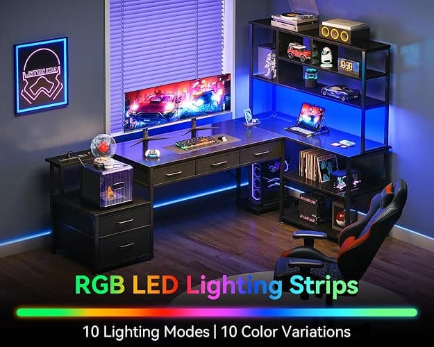 AODK 79 inch L Shaped Desk with 5 Drawers, Reversible L Shaped Gaming Desk with LED Light & 2 Power Outlets, Computer Desk with Storage Shelves for Home Office, Black - Black - 79 inch thumbnail 3
