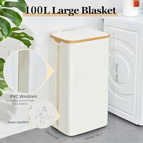 Laundry Hamper with Lid, 100L Large Laundry Basket, Clothes Hamper with Clear Window Visible, Removeable Laundry Bags for Bathroom Bedroom Home, Toy Organizer, Laundry Room - 01 beige thumbnail 2