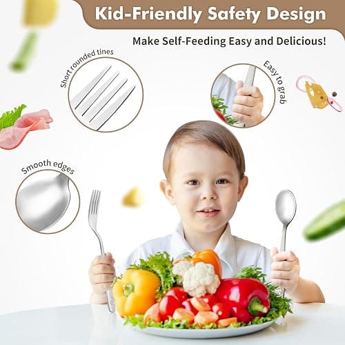 DRKIO Stainless Steel Toddler Utensils Set - 12 Pieces Kids Silverware Set Children Safe Food Grade Small Forks and Spoons Dishwasher Safe Mirror Polished thumbnail 4