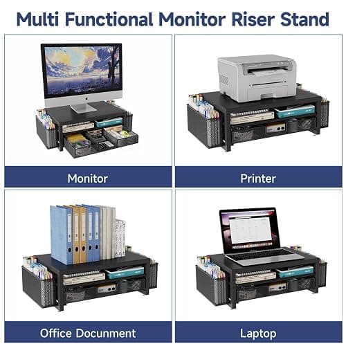 2 Tier Monitor Stand Riser with Drawer & 2 Pen Holders Storage for Desktop, Metal Computer Desk Organizer Stand for Laptop, Computer, iMac(Black) thumbnail 5