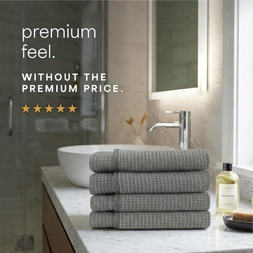S&T INC. Aura Waffle Bath Towels, 4 Pack, 30" x 60", Grey | Quick-Dry, 420GSM, Absorbent Microfiber, Lightweight, Sewn-In Hang Loop, Compact for Home, Gym, and Travel thumbnail 2