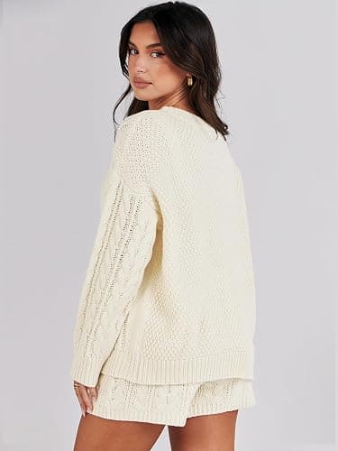 ANRABESS Women 2 Piece Outfits Sweater Lounge Loungewear Sets 2025 Winter Cable Knit Oversized Sweaters Shorts Matching Sets thumbnail 4