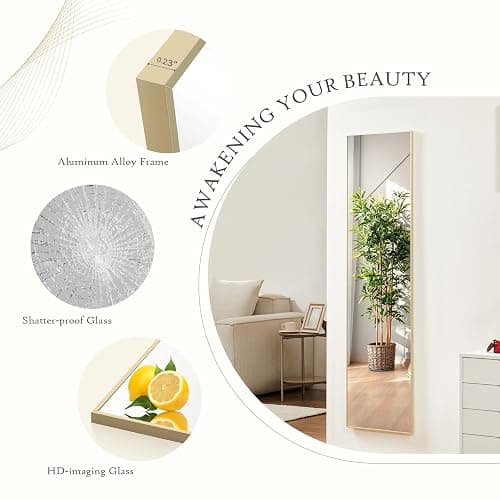 Aidoly Mirror Full Length, Upgraded 16"x59" Body Wall Mirrors with Shatter-Proof Glass, Floor Standing, Hanging or Leaning, Tall Mirror with Stand Aluminum Alloy Frame for Bedroom, Gold thumbnail 3
