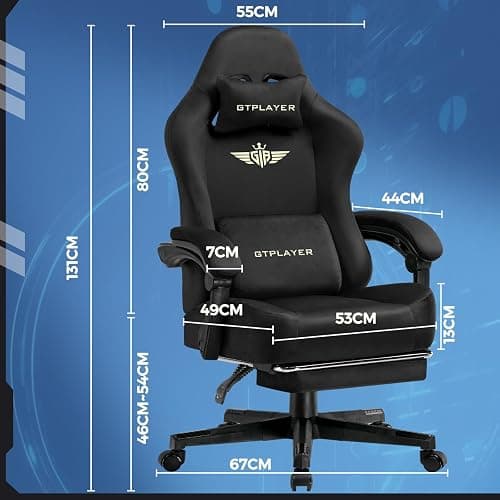 GTPLAYER Gaming Chair Fabric with Pocket Spring Cushion, Big and Tall Gamings Chairs 350LBS High Back Computer Chair with Footrest for Adults Lumbar Support Swivel Game Chair for Office Light Black thumbnail 2