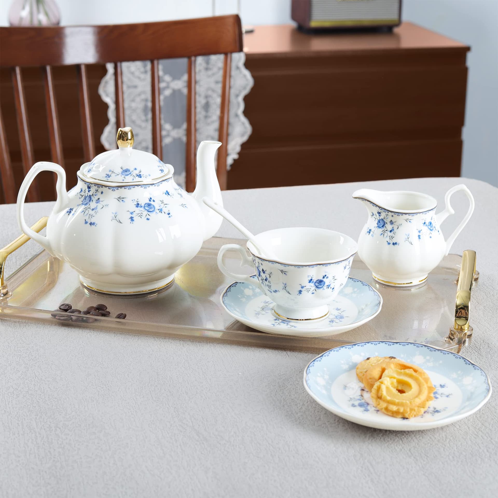 fanquare 15 Piece Blue Rose Porcelain Tea Set, British Floral Teapot with Tea Cups, Women Tea Party Set for 6 (FKT0529) thumbnail 5