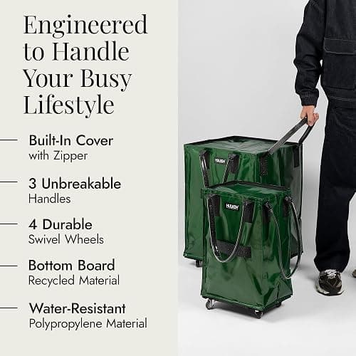 HULKEN - (Medium, Forest Green) Reusable Grocery Bag On Wheels, Shopping Trolley, Rolling Tote, Zipper Closure, Lightweight, Carries Up to 66 lb, Folds Flat, Unbreakable Handles - Medium - Forest Green thumbnail 2