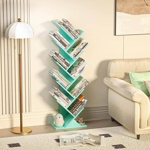 SHEEPAM 10 Tier Tree Book Shelf, Floor Standing Wood Bookshelf for Narrow Space, Storage Organizer Bookshelves for Books/CDs/Magazine, Bookcase with Shelves for Home Office, Living Room - Green thumbnail 4