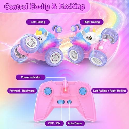 Unicorn Remote Control Car for Girls 3 4 5 6 7 8 Years Old, Pink Monster Truck with Colourful Light 360°Flip RC Stunt Car Rechargeable Kids Toy Birthday Gift/Present Juguete Carros Regalo Para Niñas thumbnail 4