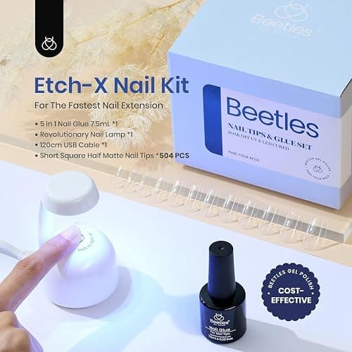 Beetles Gel Nail Kit Easy Nail Extension Set 504Pcs Pre Filed Half Matte Short Square Soft Etch X Nail Tips with 5 in 1 Nail Glue Gel Uv Led Lamp Nail for Women - 1-Short Square 504pcs (etch-x kit) thumbnail 2