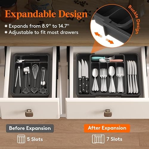 Lifewit Cutlery Organizer, Expandable Utensil Organizer for Kitchen, Utensil Holder, Adjustable Cutlery Tray Drawer Organizer for Spoons, Knives, Kitchen Organizers and Storage, Black thumbnail 6