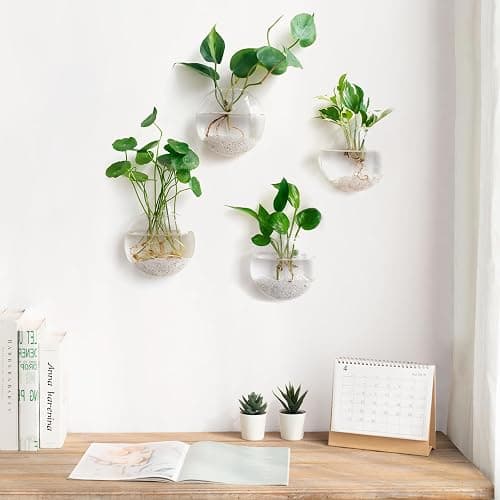 Mkono Wall Hanging Planter Propagation Station Glass Flower Vase for Hydroponics Plants, Bathroom, Home Office Living Room Decor Gift, Oblate Set of 4 thumbnail 2