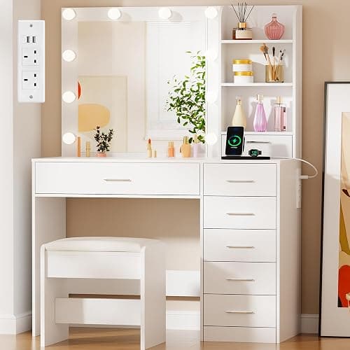 BEWISHOME Dressing Table with Mirror and LED Lights,Vanity Desk with Stool | Adjustable Brightness,Vanity Table with Power Outlet,7 Drawers and Open Shelves,Modern Makeup Table for Bedroom,White,YFST51W - Image 1