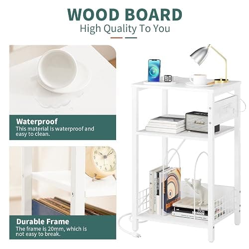 Yoobure Record Player Stand, 3-Tier White Side Table with Charging Station, Small End Table Record Holder with Vinyl Storage, Beside Tables Turntable Stand for Album CD, Night Stand for Living Room thumbnail 5