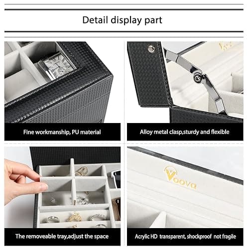 Voova Jewelry Box Watch Boxes Organizer for Men Women, 2 Layer Large 12 Slot PU Leather Watch Storage Case, Glass Top Jewelry Display Holder for Watches Sunglasses Rings Necklaces Bracelets,Black+Grey thumbnail 5