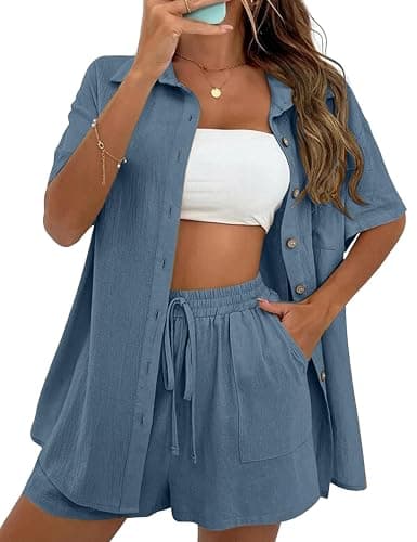 QIBABU Women's Linen Shorts Sets 2 Piece Summer Short Sleeve Top and Shorts Sweatsuit Set Vacation Beach Outfits - Image 1