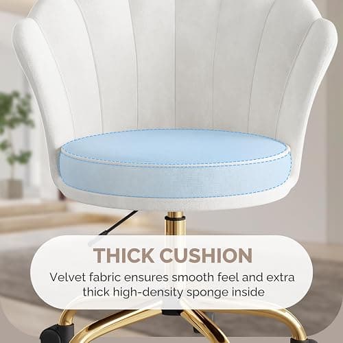 Aivermeil Comfy Home Office Desk Chair, Swivel Modern Velvet Vanity Chair with Gold Base, with Lumbar Pillow, Adjustable Rolling Task Chair for Condo, Bedroom & Vanity，White thumbnail 8