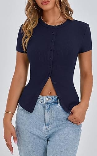 PRETTYGARDEN Women's Short Sleeve Summer Tops 2025 Trendy Ribbed Knit Button Up Tight Basic Tees Shirts Going Out Y2K Clothes thumbnail 3