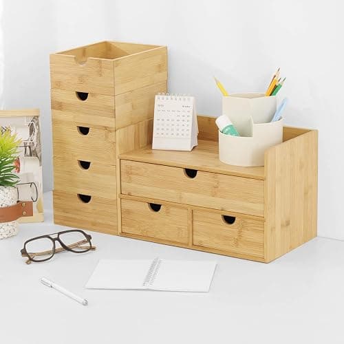 Wisuce Bamboo Desk Organizer, Mini Desktop Drawer Tabletop Storage Organization Box for Office Home Toiletries Supplies Vanity, No Assembly Required (3 Drawer with Shelf) thumbnail 6