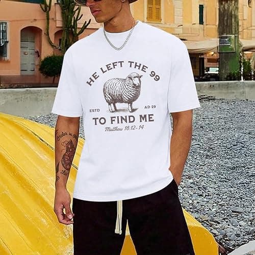 Weripoah He Left The 99 to Find Me Shirt Men Christian Graphic T-Shirts Jesus God Faith Shirts Religious Bible Verse Tees Top thumbnail 5