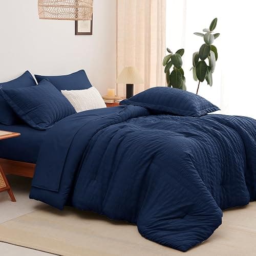 CozyLux King Size Comforter Set Navy Blue Seersucker 7 Pieces Bed in a Bag King Comforter Set with Sheets, Luxury Bedding Set with Down Alternative Comforter, Sheets, Pillowcases & Shams All Seasons thumbnail 7
