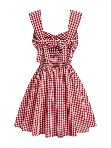 Floerns Women's Plaid Ruched Bust Sleeveless Bowknot Pleated Short Dresses | Checkered Gingham Print, Mini, Dance, Vacation, Summer, Y2K Vintage Sundress - Image 1