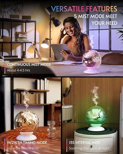 Payarma Mirror Essential Oil Diffuser Rotating, 14 Ligth Modes 4 Timer Setting Aromatherapy Diffuser, Cute Home Disco Decor Great Decoration and Accessories for Disco Party, Room, Office thumbnail 6