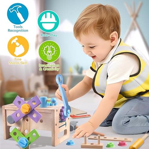 Aliex Wooden Kids Tool Set, 30pcs Toy Tools for Toddlers with Vest, Tool Kit Toddler Montessori Stem Learning Educational Toys for 3 4 5 Years Old Boys Girls, Birthday Gift for Kids thumbnail 5
