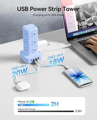 ORICO Power Strip Tower with Multiple Outlets, Tower Extension Cord with 12 AC Outlets 4 USB Ports (2 USB C), Space Saving Design, 5FT Cord Power Tower for Home, Office, Dorm - TPP20 thumbnail 3