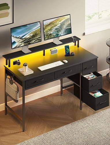 Seventable Computer Desk with Power Outlets & LED Light, 47 inch Home Office Desk with 5 Drawers, Writing Desk with Monitor Stand, Work Desk for Home Office, Black thumbnail 6
